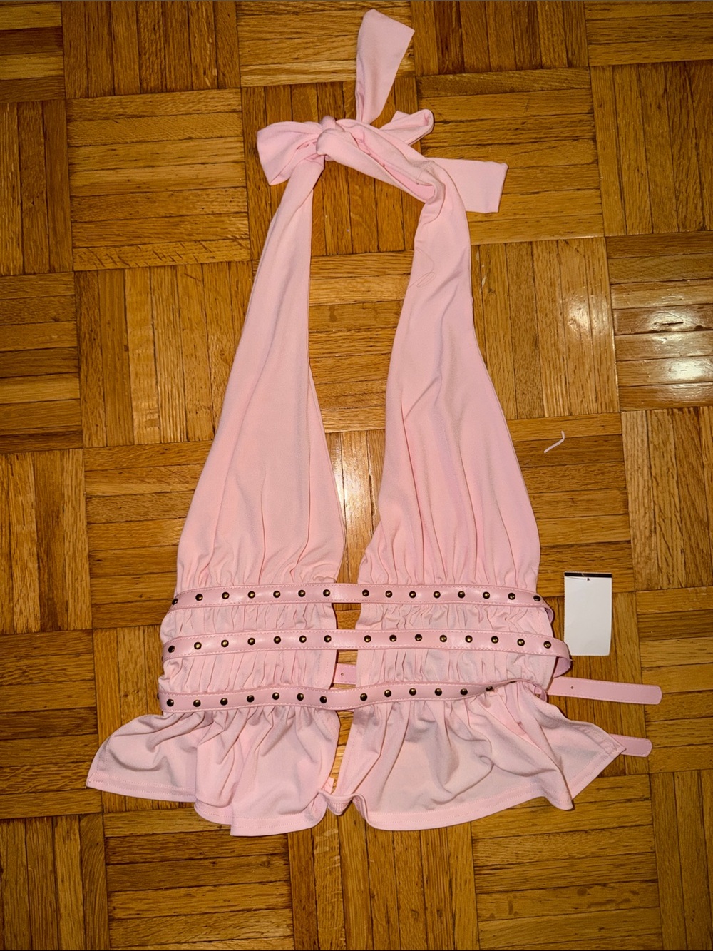 Pink Halter Ruffle Crop Top with Faux Leather and Hardware